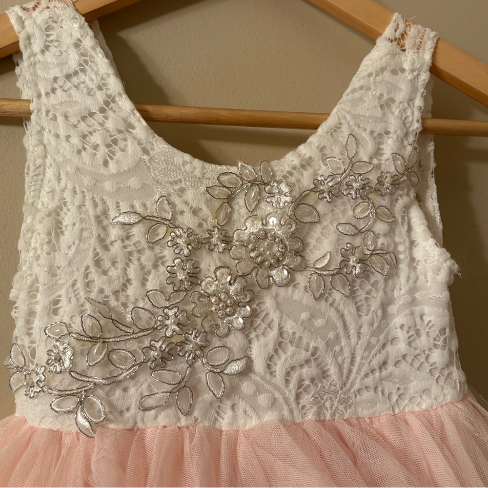 White & Blush Pink Layered Tulle Dress Girls Size 5 - Picture 3 of 8